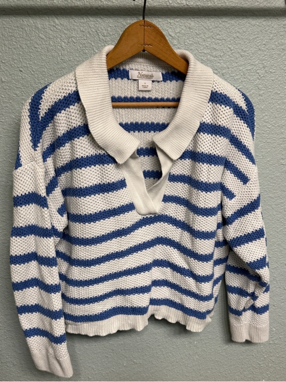Natural Reflections Cream and Blue Striped V-Neck Polo Sweater